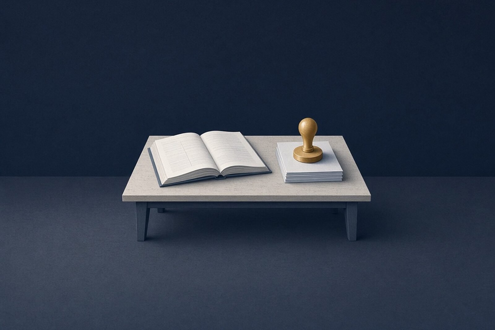 Illustration of an open law book beside a stack of blank prints with a brass stamp, for AI content marking