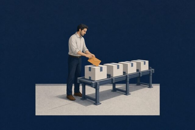 Illustration of a worker placing an envelope on the first of four boxes moving along fixed rails
