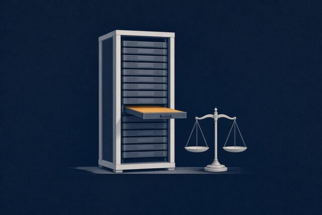 Server rack with one amber compute tray pulled out beside a set of balance scales on a navy background